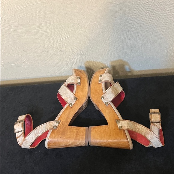 BED STU kalah strappy white distressed leather wooden platform heels Size 8 - Picture 12 of 17